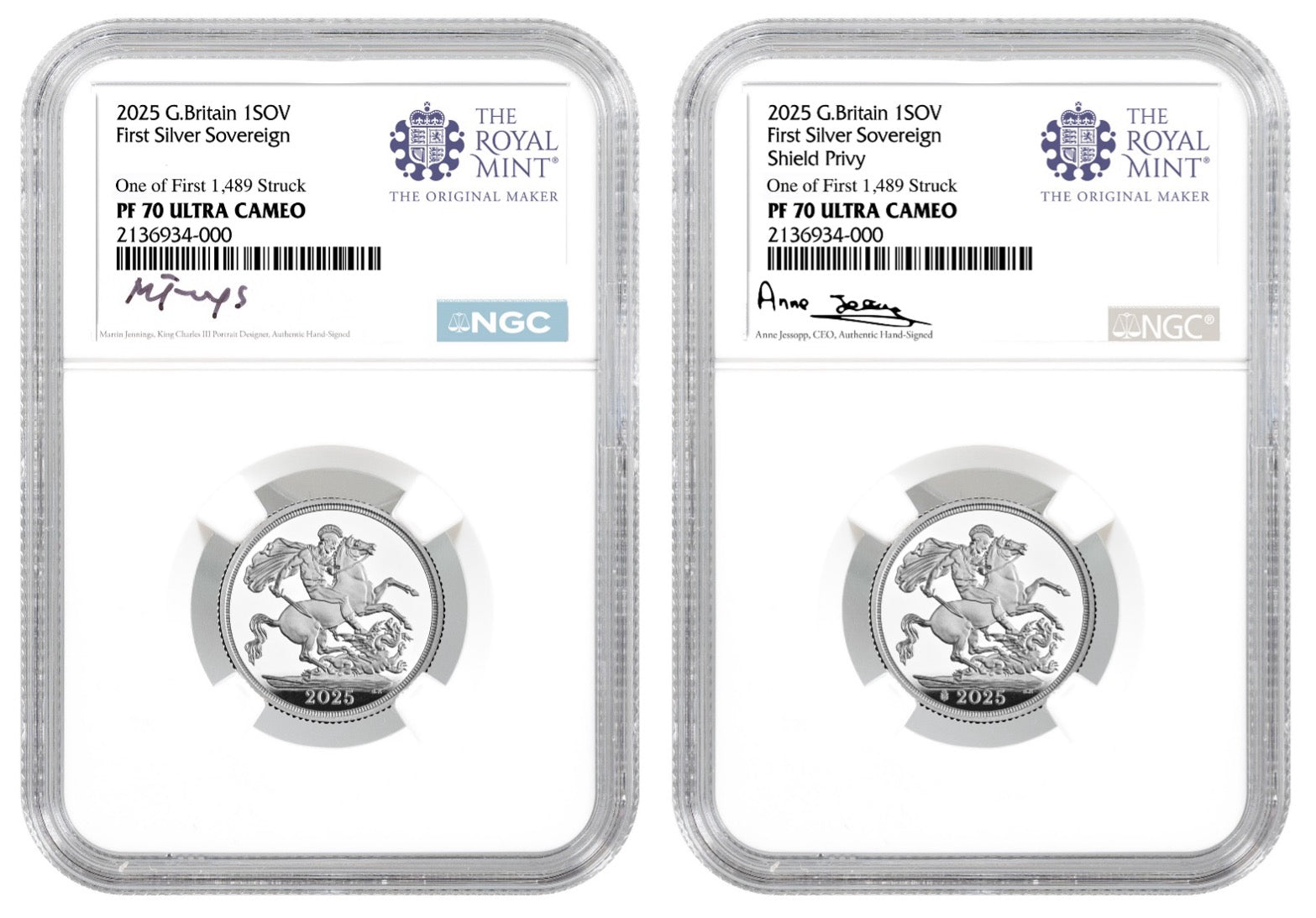 First Silver Sovereign 2025 1 of first 1489 2pc Silver Sovereign Set NGC-PF70 Jennings/Jessop ...
